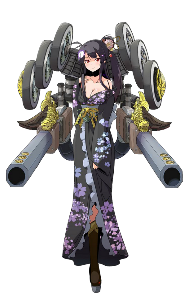 1girl bare_shoulders black_hair boots breasts cannon cleavage full_body hair_bun hair_ornament hand_on_own_chest japanese_clothes kimono large_breasts nijou_(oshiro_project) official_art oshiro_project oshiro_project_re ponytail red_eyes shachihoko side_ponytail smile sw transparent_background