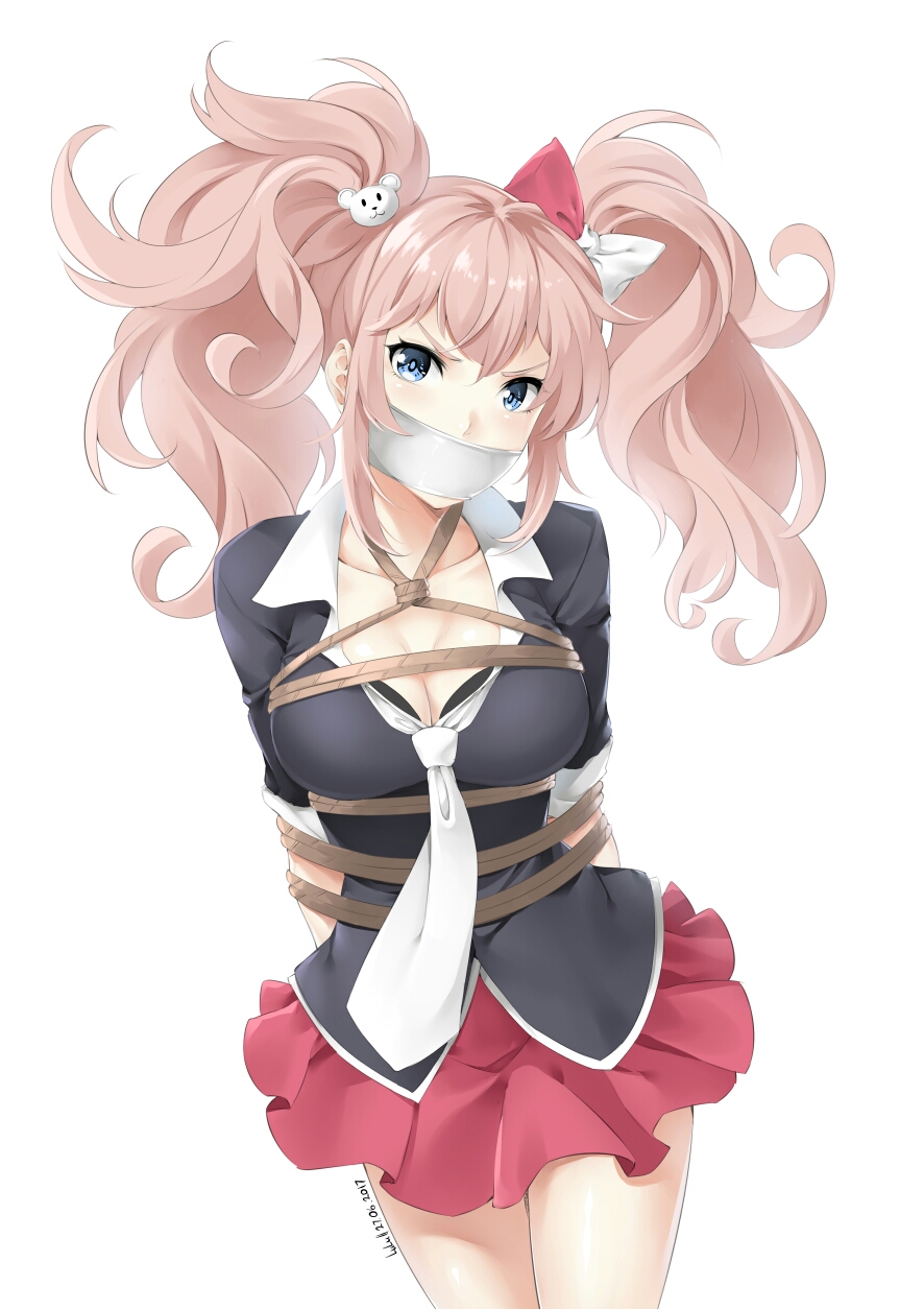 1girl bdsm blue_eyes blush bondage bound breasts brown_hair cleavage collarbone dangan_ronpa dated enoshima_junko gagged highres large_breasts looking_at_viewer lulu-chan92 necktie red_skirt short_hair short_twintails signature skirt solo twintails white_necktie