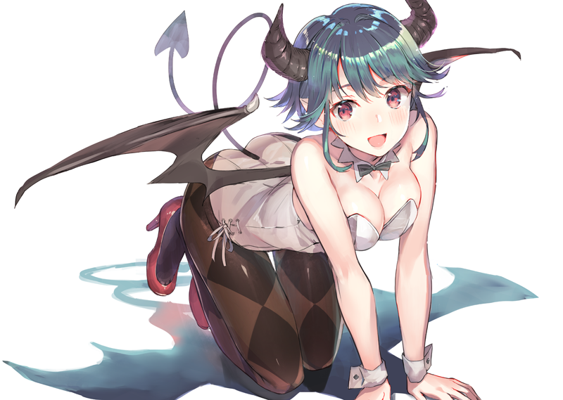 1girl :d all_fours argyle argyle_legwear bangs bat_wings black_bow black_bowtie black_leotard blush bow bowtie breasts brown_legwear cleavage demon_girl demon_horns demon_tail demon_wings detached_collar eyebrows_visible_through_hair full_body green_hair hands_on_floor high_heels horns leotard looking_at_viewer medium_breasts open_mouth original pantyhose pointy_ears red_eyes red_shoes shadow shoes short_hair sidelocks simple_background smile solo strapless strapless_leotard tail thigh_gap weee_(raemz) white_background white_leotard wings