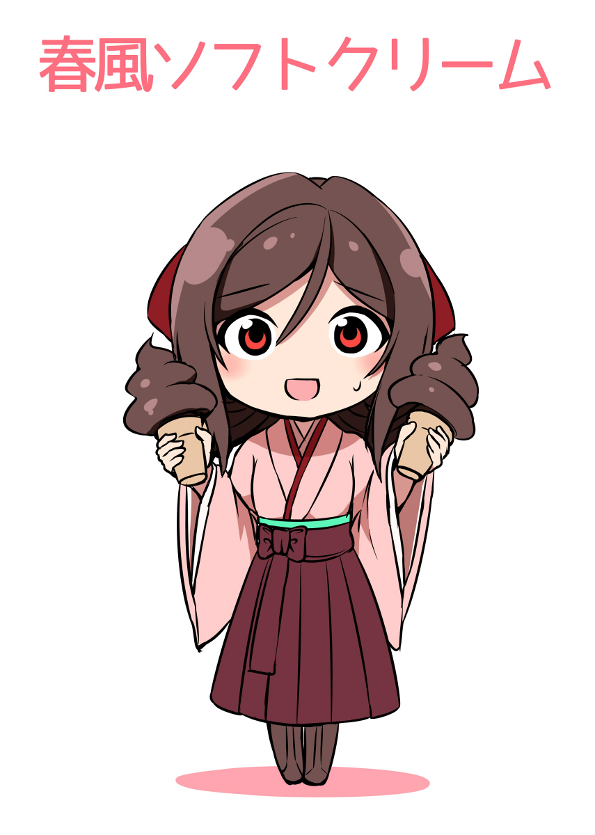 10s 1girl :d bow brown_hair drill_hair food hair_bow hakama harukaze_(kantai_collection) highres holding holding_food ice_cream japanese_clothes kamelie kantai_collection kimono meiji_schoolgirl_uniform open_mouth pink_kimono red_bow red_eyes red_hakama short_hair smile solo twin_drills
