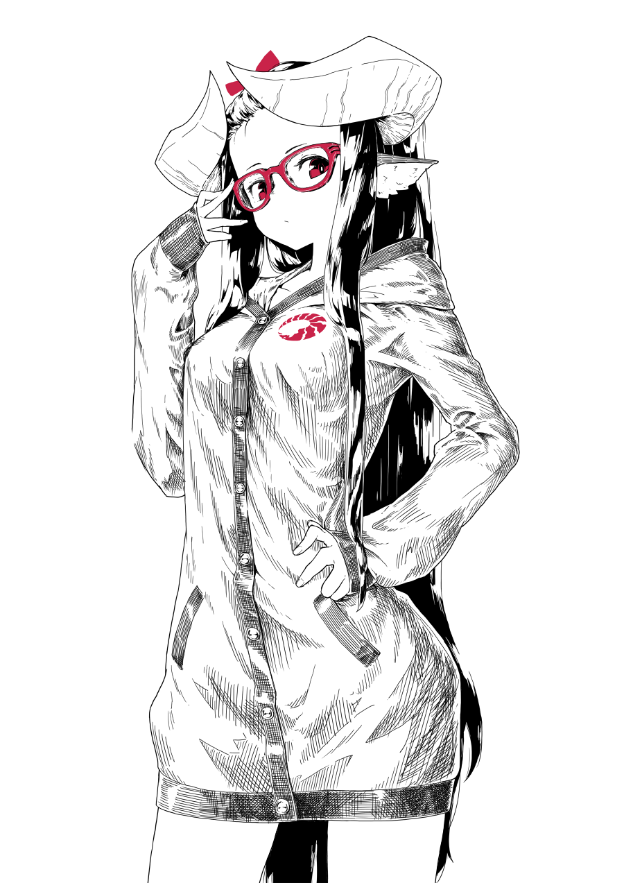 1girl adjusting_glasses animal_ears black_hair commentary_request glasses hair_ribbon hand_on_hip highres hood hoodie horned_girl_(jaco) horns jaco long_hair looking_at_viewer monochrome original red-framed_eyewear red_eyes ribbon simple_background sleeves_past_wrists solo spot_color very_long_hair white_background