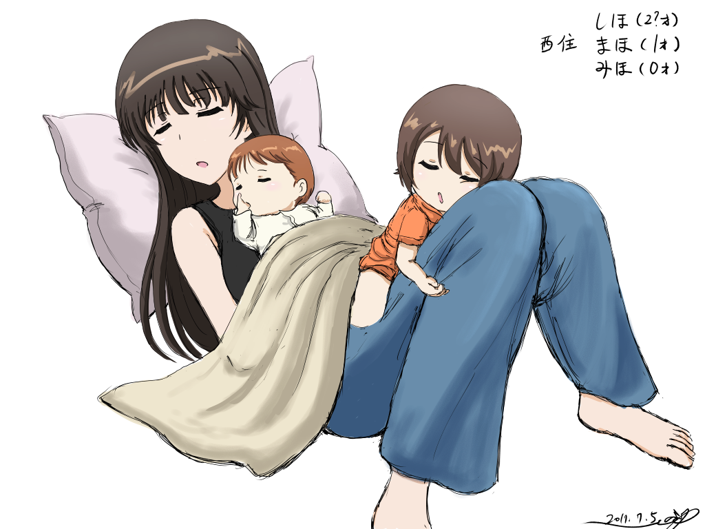 3girls artist_name baby bangs barefoot black_shirt blanket blue_pants blunt_bangs brown_hair bukkuri character_name child closed_eyes dated denim family full_body girls_und_panzer jeans long_hair lying mother_and_daughter multiple_girls nishizumi_maho nishizumi_miho nishizumi_shiho on_back on_stomach onesie orange_shirt pants parted_lips pillow shirt short_hair short_sleeves siblings signature sisters sleeping tank_top thumb_sucking toddler translated younger