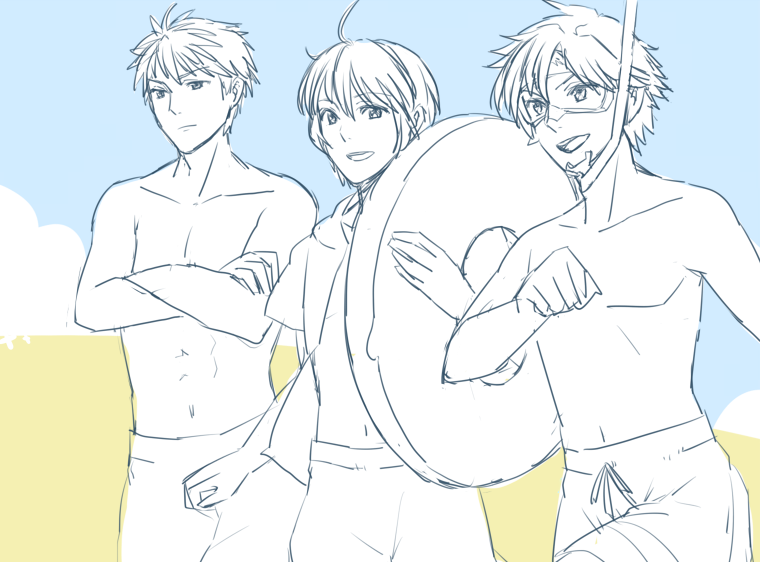 3boys ahoge beach crossing_arms diving_mask fire_emblem fire_emblem:_fuuin_no_tsurugi fire_emblem:_mystery_of_the_emblem fire_emblem:_souen_no_kiseki fire_emblem_heroes hoodie ike innertube intelligent_systems male_swimwear marth nashino navel nintendo roy roy_(fire_emblem) snorkel summer super_smash_bros. super_smash_bros._ultimate swim_trunks