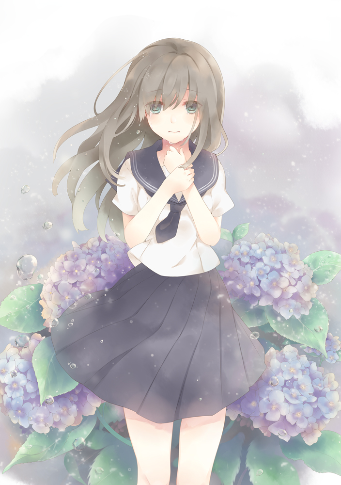 1girl bangs black_skirt blouse crying crying_with_eyes_open eyebrows_visible_through_hair flower green_eyes grey_hair hair_between_eyes hands_up hydrangea long_hair looking_at_viewer millcutto original outdoors parted_lips pleated_skirt rain school_uniform serafuku short_sleeves skirt solo standing tears white_blouse