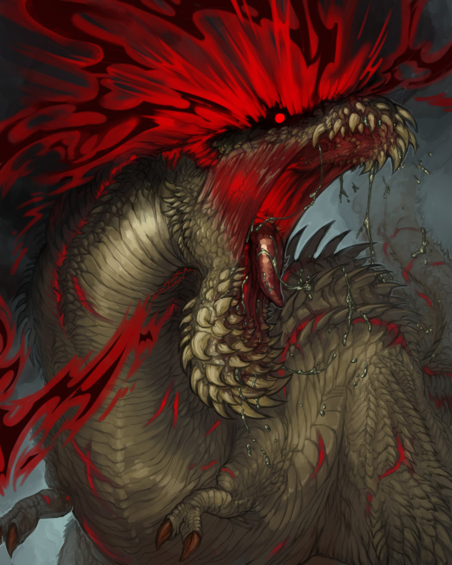 claws darkness deviljho monster monster_hunter no_humans open_mouth red_eyes rookshock saliva savage_deviljho scales spines tail teeth tongue tongue_out