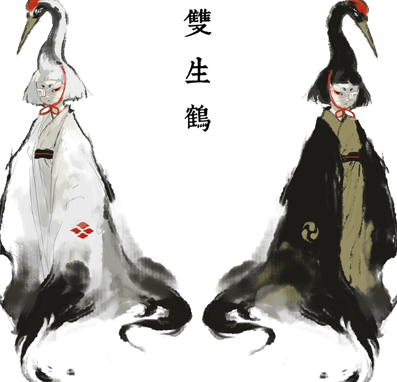 2girls bird crane_(bird) eyepatch female fine_art_parody japanese_clothes magatama multiple_girls nihonga original parody sheep_(sheepeden) short_hair stork symbol symmetry tagme white_background