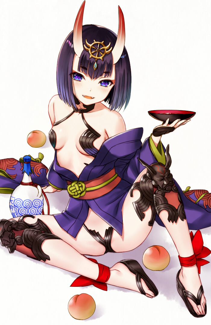 1girl bangs blush bottle breasts collarbone cup eyebrows_visible_through_hair fangs fate/grand_order fate_(series) food fruit headpiece hijiri_ruka holding holding_cup japanese_clothes kimono knee_up looking_at_viewer obi oni oni_horns parted_lips peach purple_hair purple_kimono revealing_clothes sakazuki sake_bottle sash shadow short_hair shuten_douji_(fate/grand_order) simple_background sitting small_breasts smile solo thick_eyebrows violet_eyes white_background