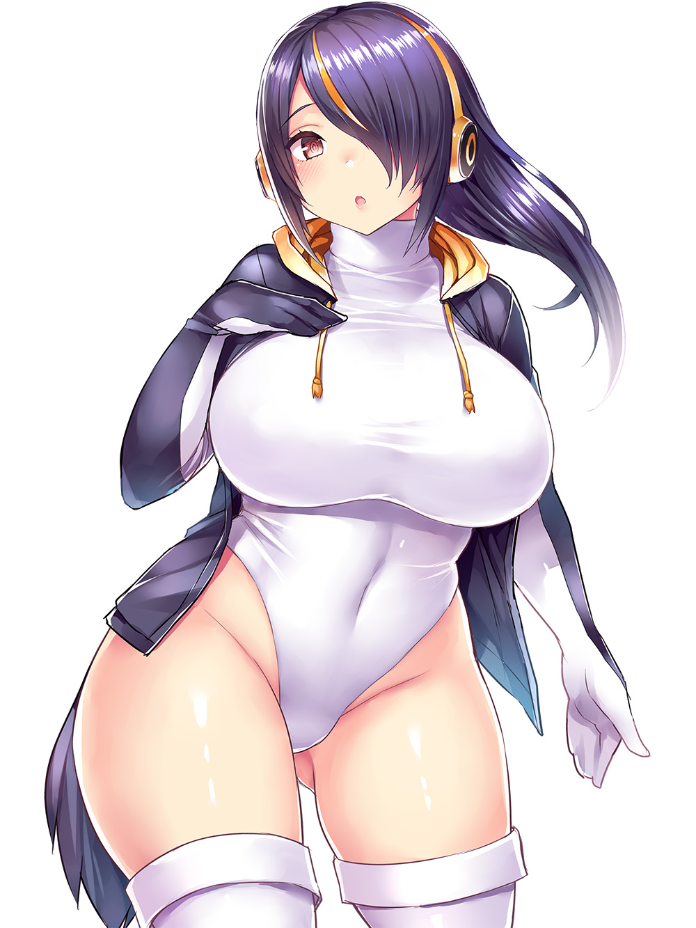 1girl blue_hair blush breasts brown_eyes covered_navel emperor_penguin_(kemono_friends) gloves gluteal_fold hair_over_one_eye hand_on_own_chest headphones highlights highres hood hoodie kemono_friends large_breasts leotard long_hair looking_at_viewer multicolored_hair open_mouth shiny shiny_hair simple_background solo tail thigh-highs thighs tsukumiya_amane upper_body white_background white_legwear white_leotard