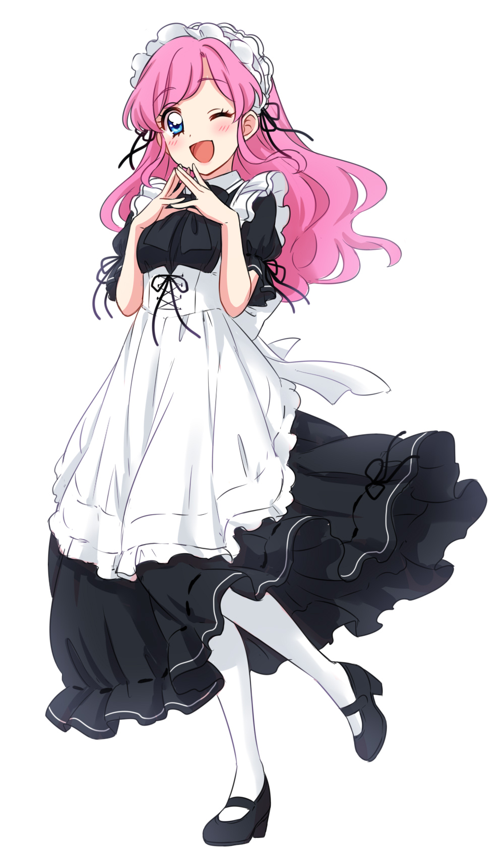 1girl :d aikatsu! amahane_madoka apron bangs black_dress black_shoes blue_eyes blush commentary commentary_request dot_nose dress eyebrows_visible_through_hair hands_together high_heels highres long_hair looking_at_viewer maid maid_apron maid_headdress mary_janes one_eye_closed open_mouth pantyhose pink_hair puffy_short_sleeves puffy_sleeves sekina shoes short_sleeves smile solo standing standing_on_one_leg white_legwear
