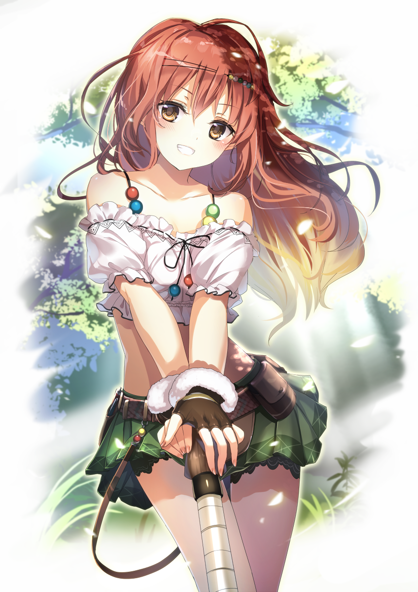 1girl atelier_(series) atelier_ayesha blush brown_gloves brown_hair character_request emia_(castilla) eyebrows_visible_through_hair fingerless_gloves gloves highres long_hair looking_at_viewer parted_lips smile solo teeth yellow_eyes