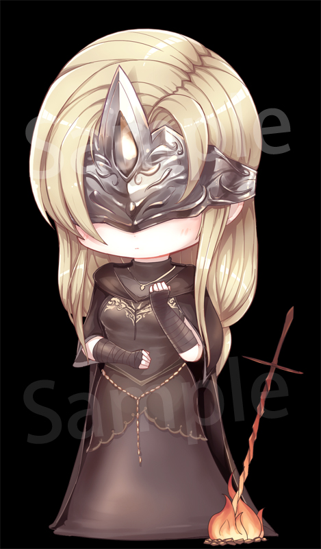 1girl beancurd black_background blindfold blonde_hair bonfire cape chibi cloak covered_eyes dark_souls_iii dress expressionless fire fire_keeper hood hooded_cloak jewelry long_hair pendant solo souls_(from_software) standing sword weapon