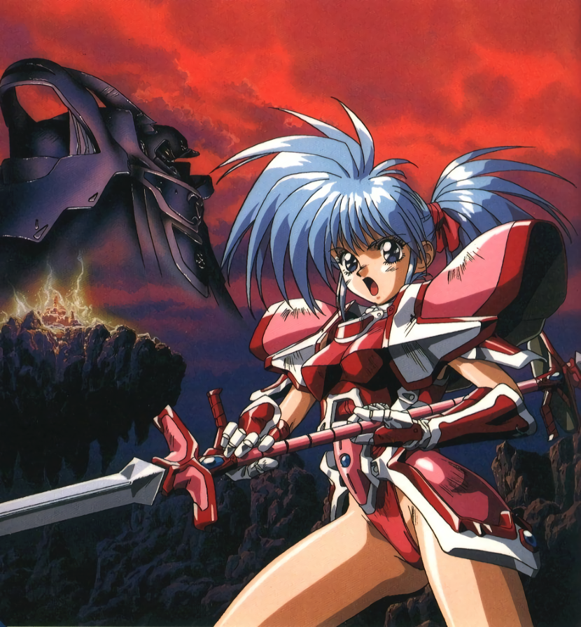 1girl 90s armor blue_eyes blue_hair corque_lans faussete_amour greaves holding holding_weapon lance official_art open_mouth polearm ponytail ryuichi_makino weapon