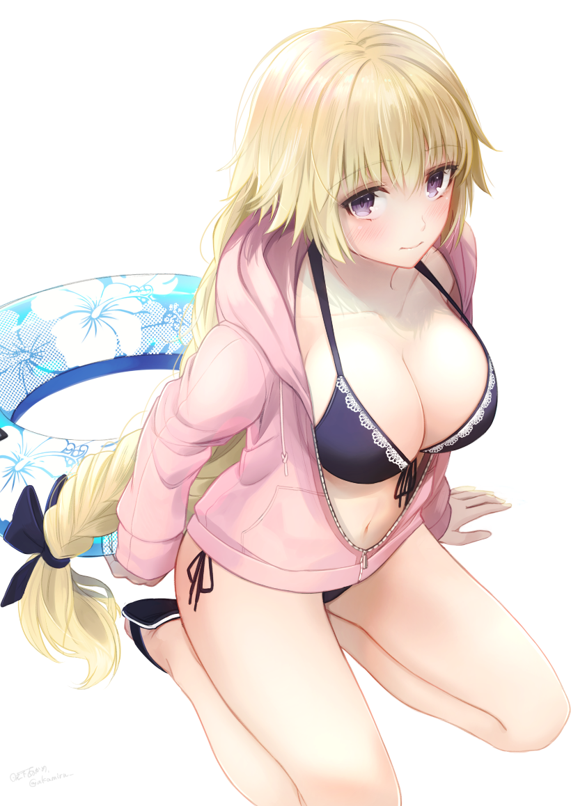 1girl akame_(akamiru) bikini bikini_under_clothes blonde_hair blue_bikini blush bow braid breasts cleavage collarbone commentary_request fate/apocrypha fate/grand_order fate_(series) hair_bow hood hoodie innertube jacket large_breasts long_hair looking_at_viewer looking_up navel open_clothes open_jacket pink_jacket sandals seiza side-tie_bottom simple_background sitting smile solo swimsuit thighs violet_eyes white_background