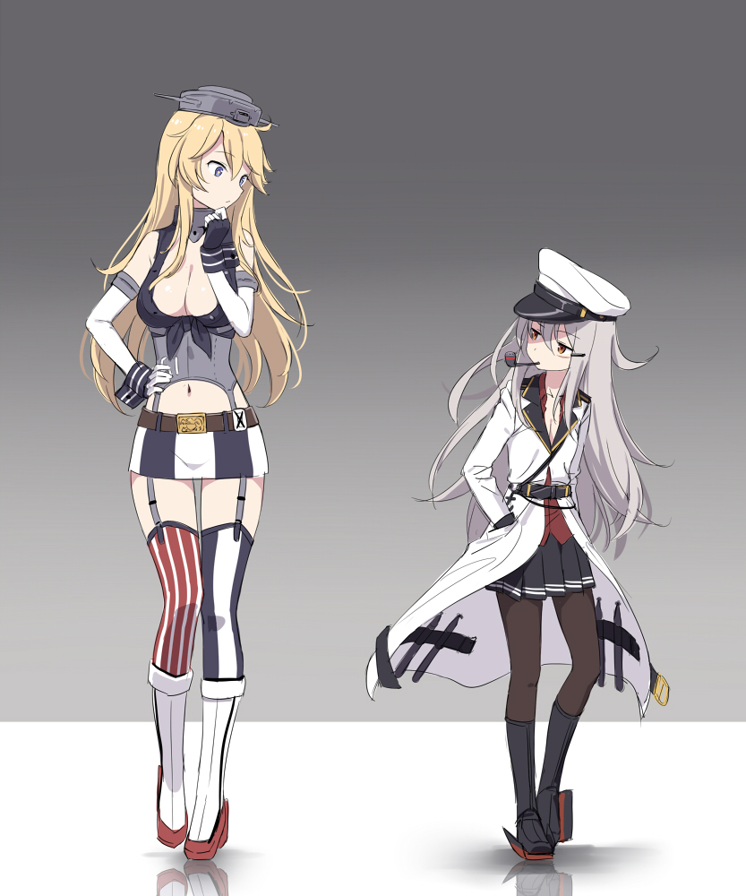 10s 2girls black_legwear black_skirt blonde_hair blue_eyes breasts cnm elbow_gloves front-tie_top gangut_(kantai_collection) gloves grey_hair hair_between_eyes hat height_difference iowa_(kantai_collection) jacket kantai_collection large_breasts long_hair long_sleeves multiple_girls pantyhose peaked_cap pipe_in_mouth pleated_skirt red_eyes red_shirt shirt skirt white_jacket
