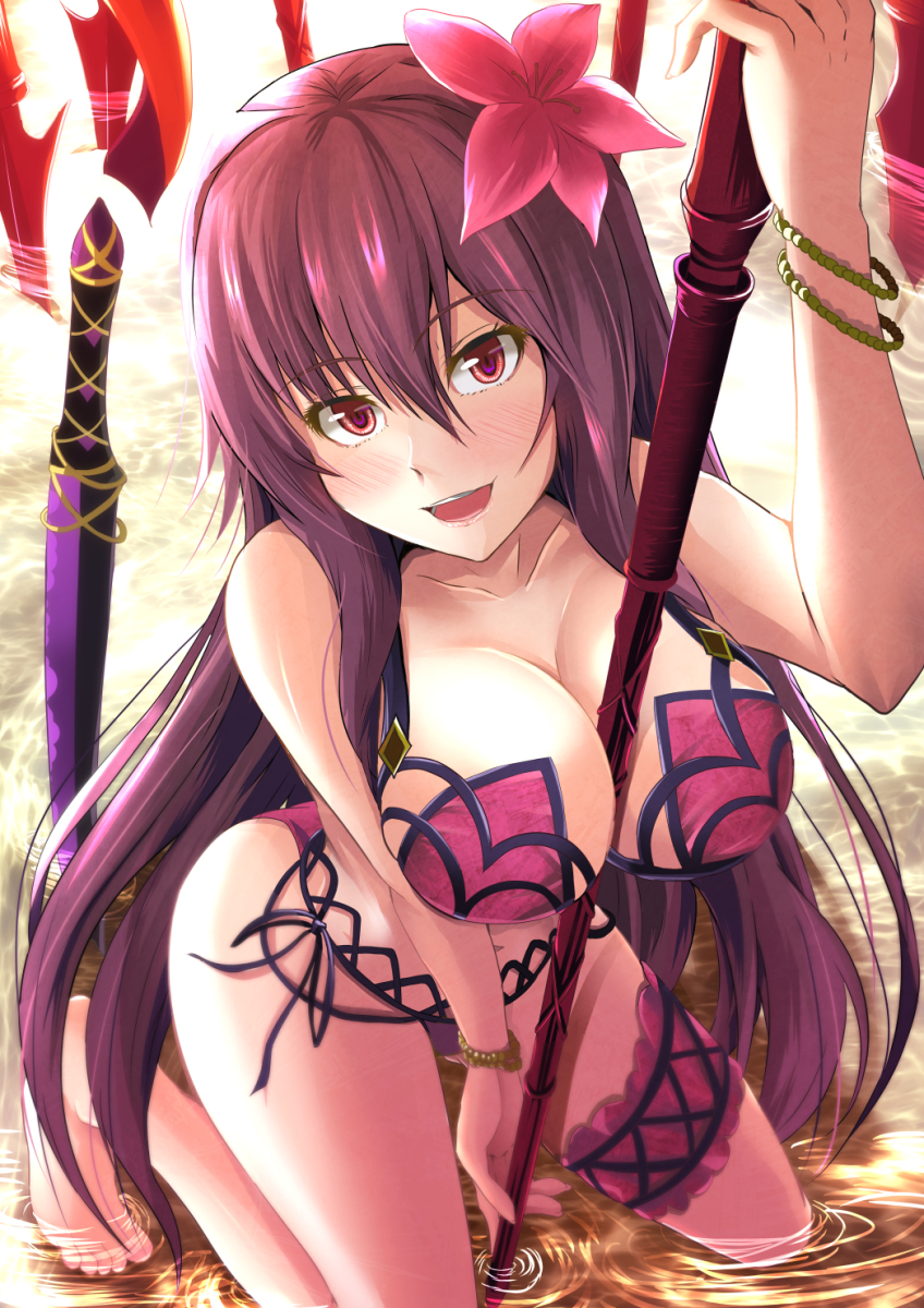 1girl arched_back arm_up bangs between_breasts bikini blush bracelet breasts cleavage collarbone commentary_request eyebrows_visible_through_hair fate/grand_order fate_(series) flower gae_bolg hair_between_eyes hair_flower hair_ornament highres holding holding_weapon jewelry kanzaki_kureha kneeling large_breasts long_hair looking_at_viewer open_mouth purple_bikini purple_hair ribbon scathach_(fate/grand_order) solo swimsuit thigh_strap very_long_hair violet_eyes water weapon