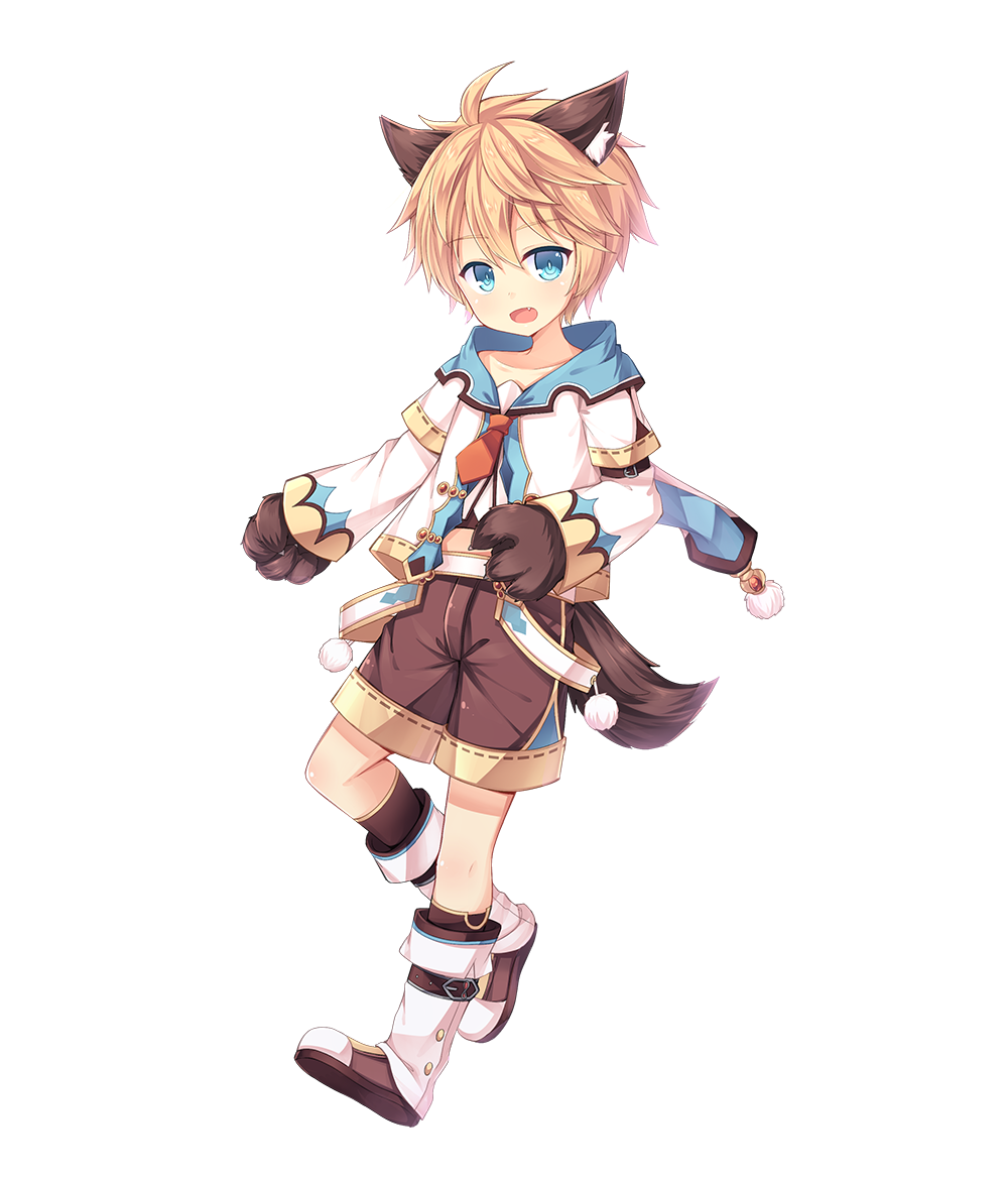 1boy :d ahoge amemiya_ruki animal_ears aura_kingdom blonde_hair blue_eyes boots collarbone eyebrows_visible_through_hair fang full_body hansel_(aura_kingdom) long_sleeves looking_at_viewer male_focus open_mouth paws short_hair shorts smile solo tail transparent_background wolf_ears wolf_paws wolf_tail