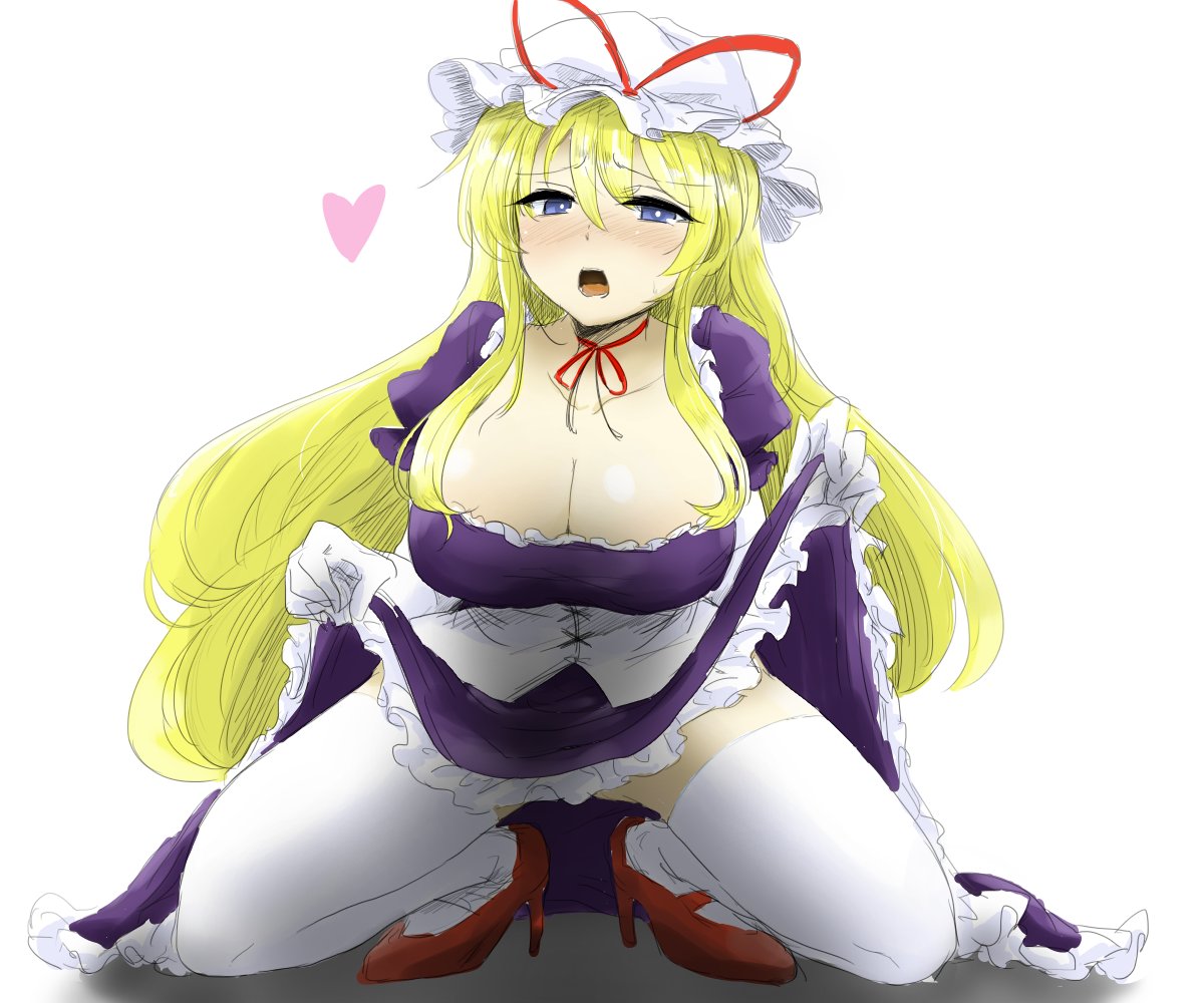 1girl bangs blonde_hair blue_eyes blush breasts cleavage commentary_request dress dress_lift efukei elbow_gloves eyebrows_visible_through_hair full_body gloves hair_between_eyes hat hat_ribbon heart high_heels large_breasts lifted_by_self long_hair looking_at_viewer mob_cap neck_ribbon nose_blush open_mouth red_ribbon ribbon short_sleeves sidelocks simple_background solo squatting sweat thigh-highs touhou white_background white_gloves white_hat white_legwear yakumo_yukari zettai_ryouiki