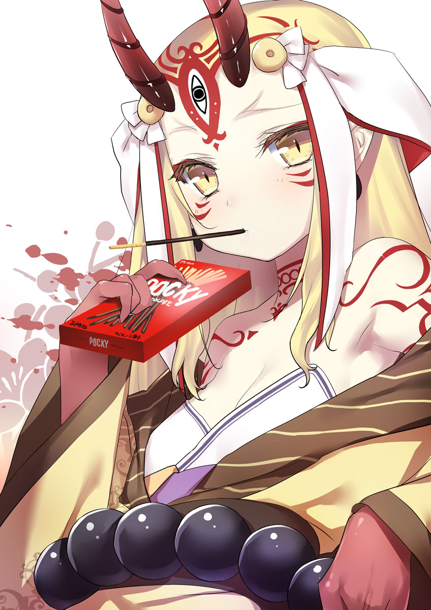 1girl 47agdragon bare_shoulders beads blonde_hair blush breasts cleavage earrings eating facial_mark fate/grand_order fate_(series) food highres holding horns ibaraki_douji_(fate/grand_order) japanese_clothes jewelry kimono long_hair looking_at_viewer markings mouth_hold off_shoulder oni oni_horns pocky pocky_day pointy_ears prayer_beads slit_pupils small_breasts solo upper_body yellow_eyes