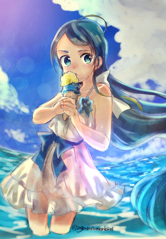 10s 1girl ahoge alternate_costume bare_shoulders blue_eyes blue_flower blue_hair blue_ribbon clouds collarbone commentary dessert dress food ice_cream ice_cream_cone kantai_collection long_hair looking_at_viewer ocean partially_submerged ribbon sagamiso samidare_(kantai_collection) shaded_face sky solo sunlight twitter_username very_long_hair water white_dress