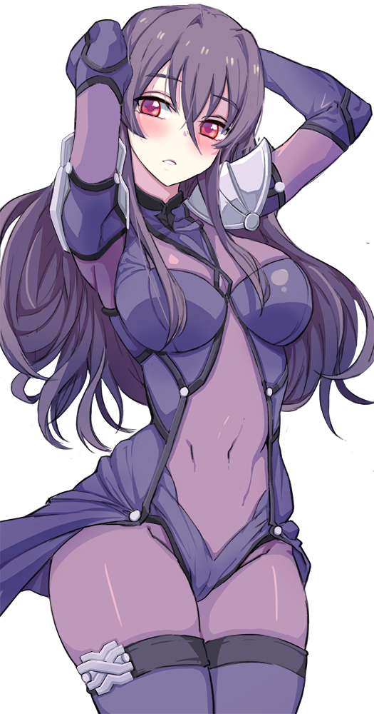 1girl armor arms_behind_head bangs blush bodysuit breasts cowboy_shot fate/grand_order fate_(series) hair_between_eyes kook large_breasts long_hair looking_at_viewer parted_lips pauldrons purple_bodysuit purple_hair red_eyes scathach_(fate/grand_order) shoulder_armor simple_background solo standing white_background