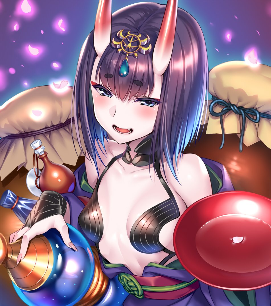 1girl alcohol bare_shoulders blue_eyes bob_cut breasts collarbone commentary_request cup eyeliner fang fate/grand_order fate_(series) gourd headpiece horns japanese_clothes kimono looking_at_viewer makeup obi off_shoulder oni oni_horns open_clothes open_kimono open_mouth petals piromizu purple_hair purple_kimono revealing_clothes sakazuki sake sash short_eyebrows short_hair shuten_douji_(fate/grand_order) small_breasts smile solo