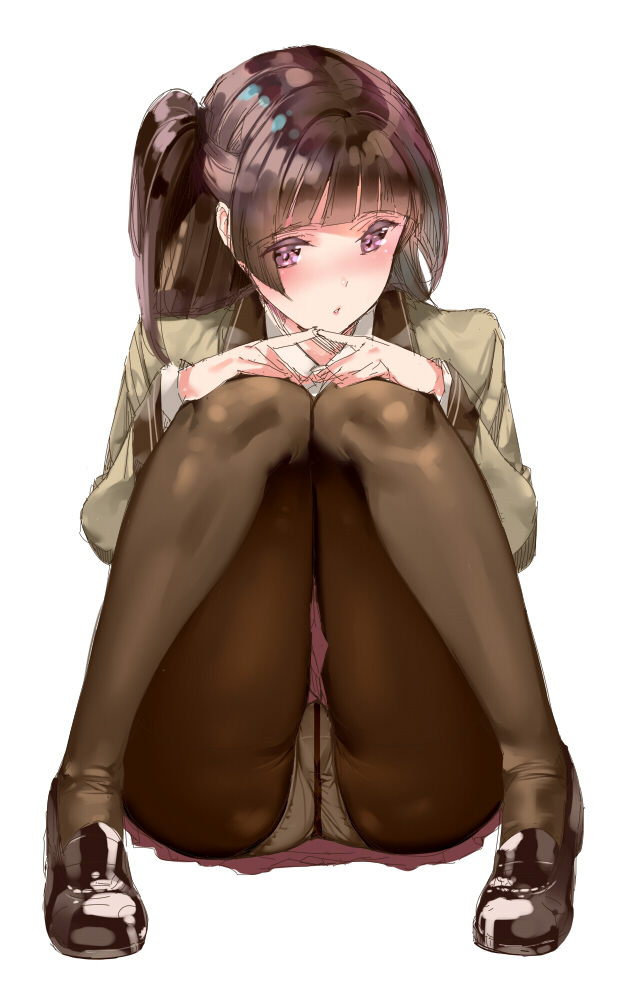 1girl ass blush brown_hair brown_legwear crotch_seam knees_together_feet_apart loafers long_hair original panties panties_under_pantyhose pantyhose pantyshot pantyshot_(sitting) saburou_(hgmg) school_uniform shoes side_ponytail simple_background sitting sketch skirt solo underwear violet_eyes white_background white_panties