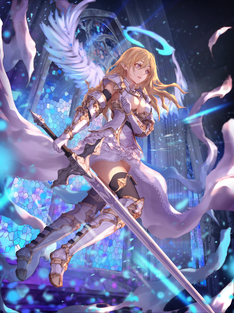 1girl armor armored_boots bangs blonde_hair blue_eyes blurry boots breasts center_opening church commentary depth_of_field dress elbow_gloves floating_hair full_body gloves hair_between_eyes halo holding holding_sword holding_weapon jname light_particles long_hair medium_breasts mosaic_art original outdoors parted_lips pointy_ears solo sword thigh-highs thigh_boots weapon white_boots white_dress white_gloves white_wings wings