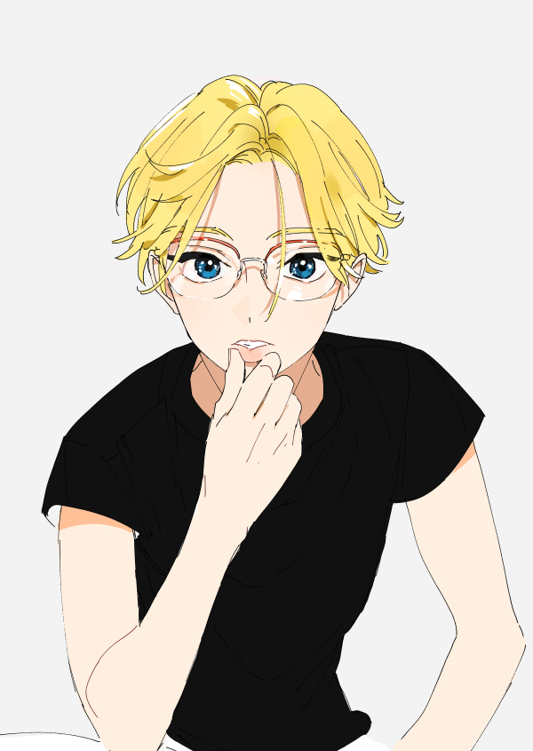 1boy black_shirt blonde_hair blue_eyes commentary_request glasses grey_background hand_on_own_face looking_at_viewer male_focus messy_hair original pinching shirt simple_background sitting solo tmku