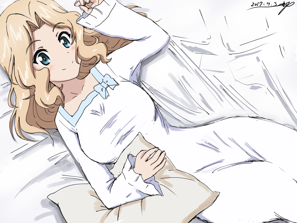 1girl artist_name bed blonde_hair blue_eyes bukkuri closed_mouth dated dress eyebrows_visible_through_hair from_above girls_und_panzer hair_intakes kay_(girls_und_panzer) long_hair looking_at_viewer lying on_back pajamas pillow signature smile solo white_dress