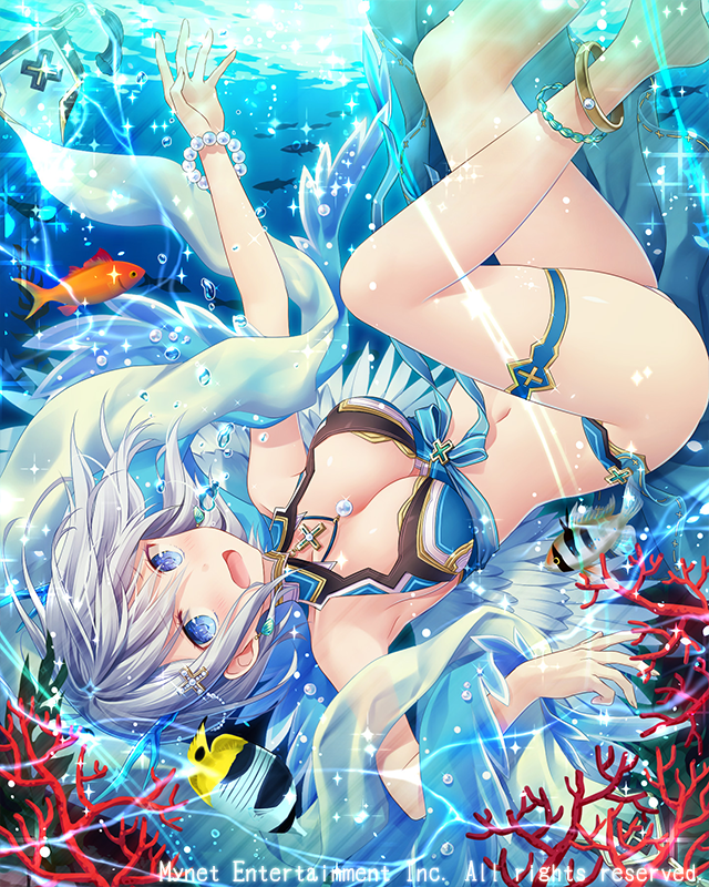 1girl angel_wings anklet bare_shoulders blue_eyes blush bracelet breasts bubble cleavage company_name eyebrows_visible_through_hair falkyrie_no_monshou fish jewelry large_breasts looking_at_viewer natsumekinoko navel open_mouth short_hair silver_hair solo underwater wings