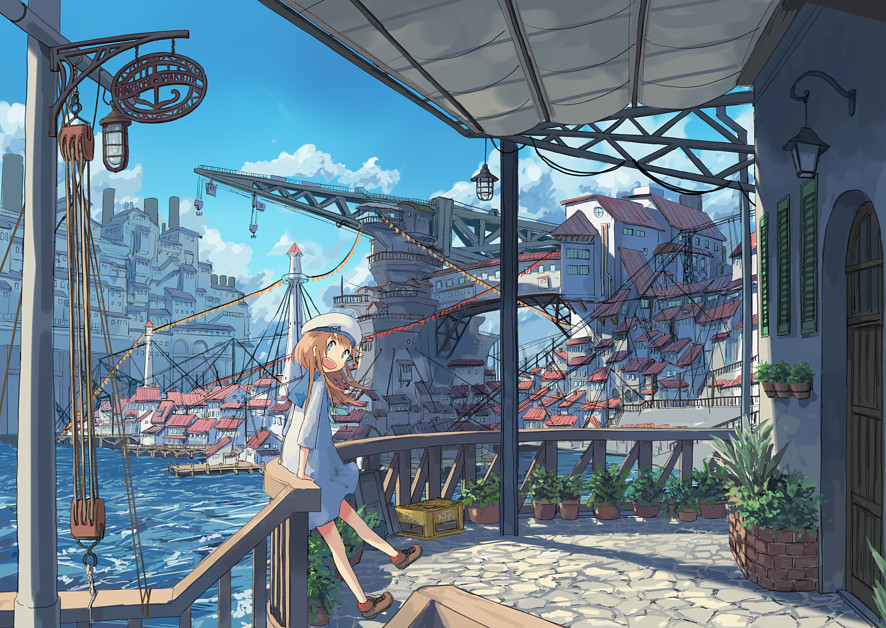 1girl blue_eyes blush boat brown_hair crane hanging_light long_hair looking_at_viewer open_mouth original plant potted_plant railing smile solo teeth watercraft wu_ba_pin