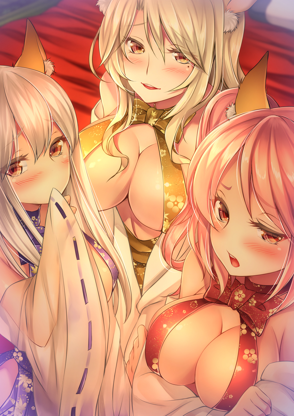 3girls animal_ears bangs bare_shoulders bed bed_sheet blonde_hair blue_ribbon blush breast_hold breasts brown_eyes center_opening cleavage commentary_request covering_mouth curvy detached_sleeves eyebrows_visible_through_hair floral_print fox_ears highres hip_vent indoors large_breasts long_hair long_sleeves looking_at_viewer mia_(gute-nacht-07) mole mole_under_eye multiple_girls official_art open_mouth original parted_lips pillow pink_hair plump red_ribbon ribbon ribbon-trimmed_sleeves ribbon_trim see-through wide_sleeves yellow_eyes yellow_ribbon