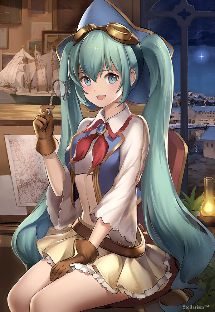 1girl :d aqua_hair bangs belt blue_eyes brown_gloves building gloves goggles goggles_on_head hatsune_miku indoors long_hair looking_at_viewer matching_hair/eyes midriff model_ship navel night night_sky open_mouth plant skirt sky smile solo star_(sky) stellarism teeth twintails very_long_hair vocaloid window
