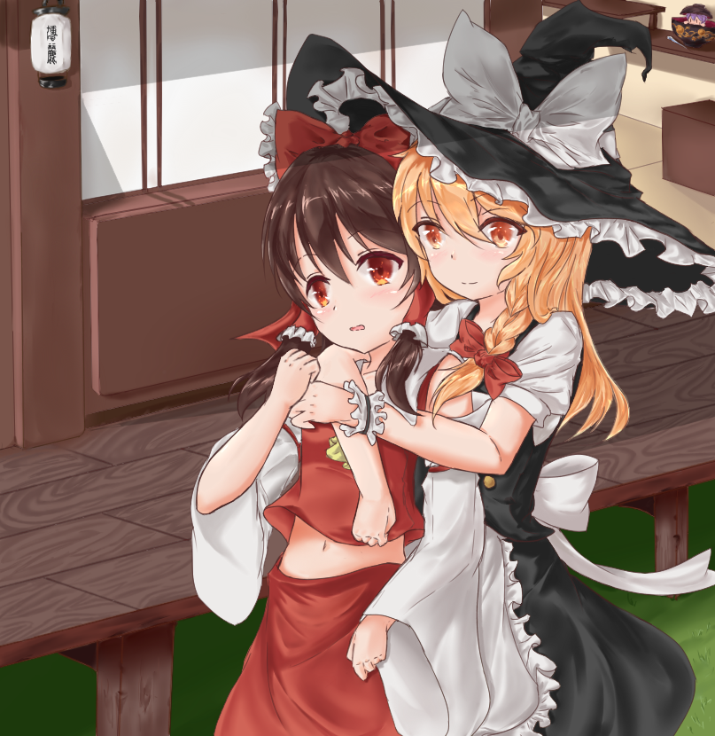 3girls apron ascot blonde_hair blush bow braid brown_hair commentary_request d: detached_sleeves frilled_bow frills hair_bow hair_tubes hakurei_reimu hakurei_shrine hand_holding hat hug hug_from_behind kirisame_marisa large_bow long_hair midriff multiple_girls navel open_mouth puffy_short_sleeves puffy_sleeves red_eyes sash shared_hat short_sleeves side_braid single_braid skirt skirt_set smile sukuna_shinmyoumaru touhou vest waist_apron when_you_see_it witch_hat wrist_cuffs yellow_eyes yuri