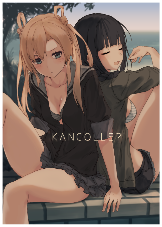 10s 2girls abukuma_(kantai_collection) bangs beach black_hair blue_eyes blunt_bangs braid breasts cleavage closed_eyes contemporary cutoffs dusk frilled_skirt frills furukawa_wanosuke hair_over_shoulder hair_rings horizon kantai_collection kitakami_(kantai_collection) light_brown_hair long_hair multiple_girls open_clothes open_shirt outdoors sailor_collar shirt short_shorts shorts sitting skirt striped sweatdrop twintails