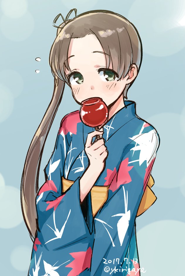 10s 1girl ayanami_(kantai_collection) brown_hair candy_apple commentary_request dated food green_eyes hair_ribbon japanese_clothes kantai_collection kimono kirigaya_yuuji long_hair obi ribbon sash side_ponytail solo twitter_username yukata