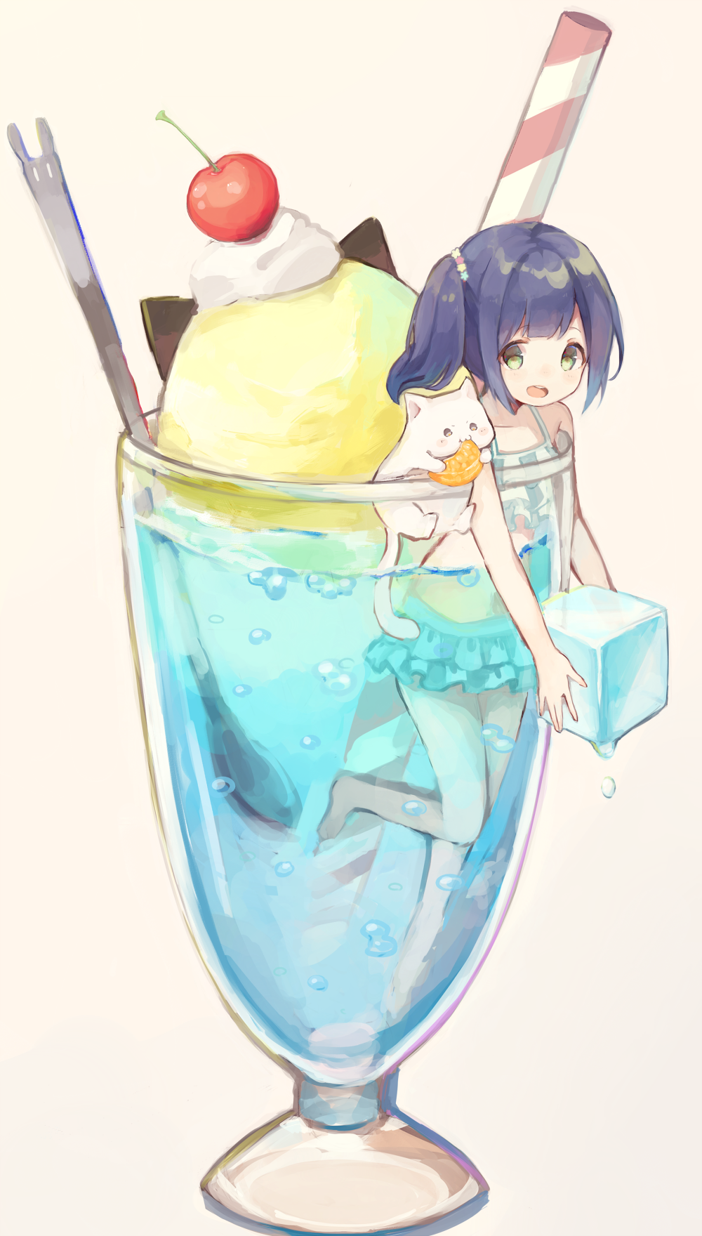1girl animal bare_arms bare_shoulders bikini blue_hair cat cherry cream food frilled_bikini frills fruit glass green_eyes highres ice_block looking_at_viewer original partially_submerged sencha_(senta_10) side_ponytail simple_background swimsuit water white_background