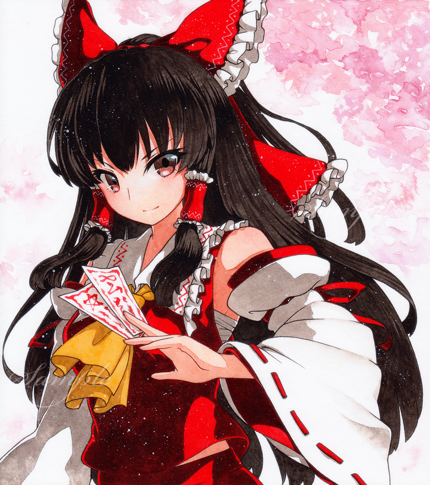 &gt;:) 1girl ascot bangs bare_shoulders black_hair blush bow breasts brown_eyes cherry_blossoms commentary detached_sleeves frilled_bow frilled_shirt_collar frills hair_bow hair_tubes hakurei_reimu long_hair looking_at_viewer midriff_peek ofuda qqqrinkappp red_shirt red_skirt ribbon-trimmed_sleeves ribbon_trim sample sarashi shirt sidelocks skirt skirt_set sleeveless sleeveless_shirt small_breasts solo touhou traditional_media white_background white_sleeves wide_sleeves yellow_ascot