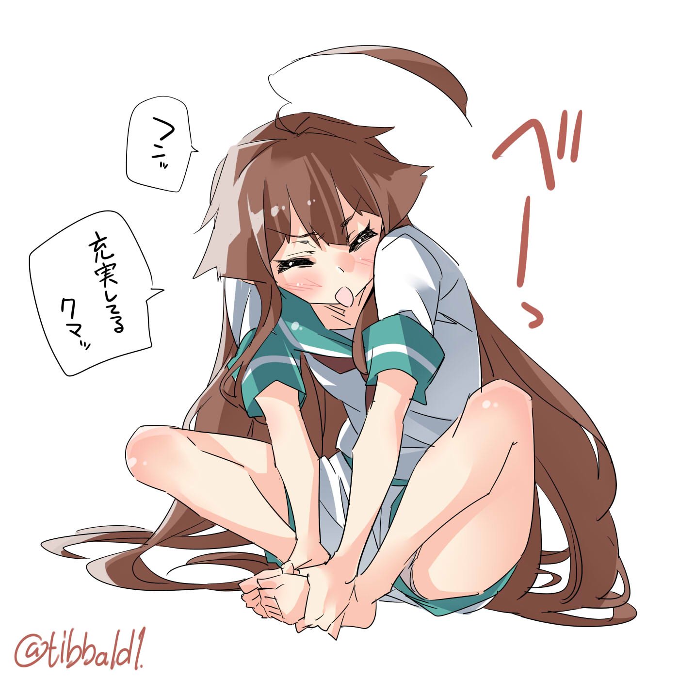 10s 1girl barefoot feet_together hands_on_feet highres kantai_collection kuma_(kantai_collection) solo translation_request