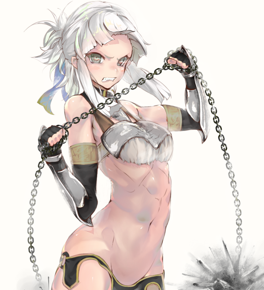 1girl abs angry bare_shoulders chains detached_sleeves fate/grand_order fate_(series) fingerless_gloves flail gloves grey_eyes macaroni_tamago morning_star panties penthesilea_(fate/grand_order) solo underwear weapon white_background white_hair