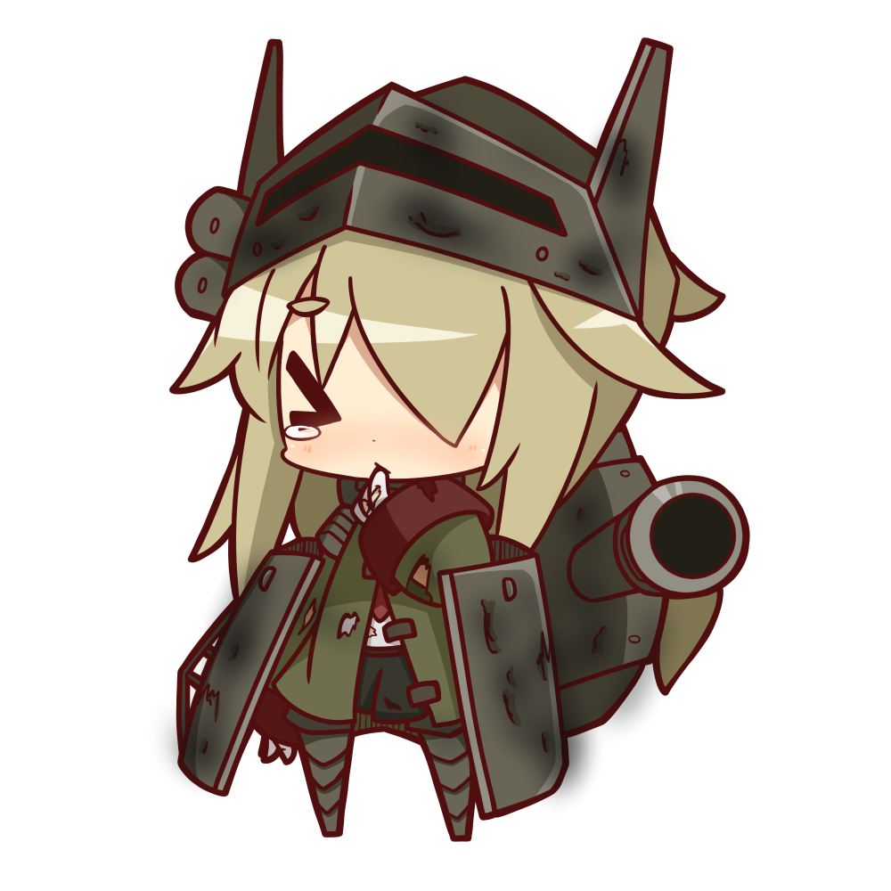 &gt;_&lt; 1girl blonde_hair blush cannon chibi coat crying finger_to_mouth hair_over_one_eye helmet long_hair nuu_(nu-nyu) personification simple_background solo t26e4_superpershing torn_clothes white_background world_of_tanks