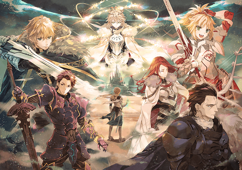 2girls 5boys agravain_(fate/grand_order) armor artist_request artoria_pendragon_lancer_(fate/grand_order) bedivere black_hair blonde_hair cape castle closed_eyes crown fate/grand_order fate_(series) fur gawain_(fate/extra) glowing green_eyes lancelot_(fate/grand_order) multiple_boys multiple_girls purple_hair redhead saber saber_of_red silver_hair sword tristan_(fate/grand_order) weapon