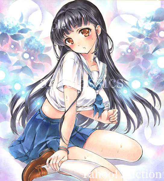 1girl artist_name at_classics bangs black_hair blue_skirt blush brown_eyes brown_shoes clothes_pull eyebrows_visible_through_hair loafers long_hair looking_at_viewer neckerchief open_mouth original pleated_skirt pulled_by_self sample school_uniform serafuku shoes short_sleeves sidelocks sitting skirt socks solo sweat traditional_media very_long_hair wariza watermark white_legwear
