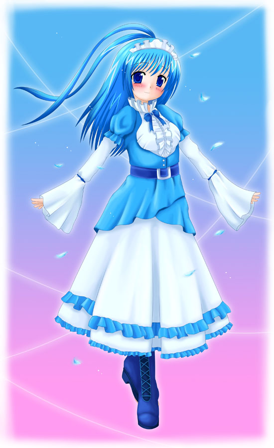 1girl blue_hair boots costume dress frills long_hair manaphy personification pokemon solo