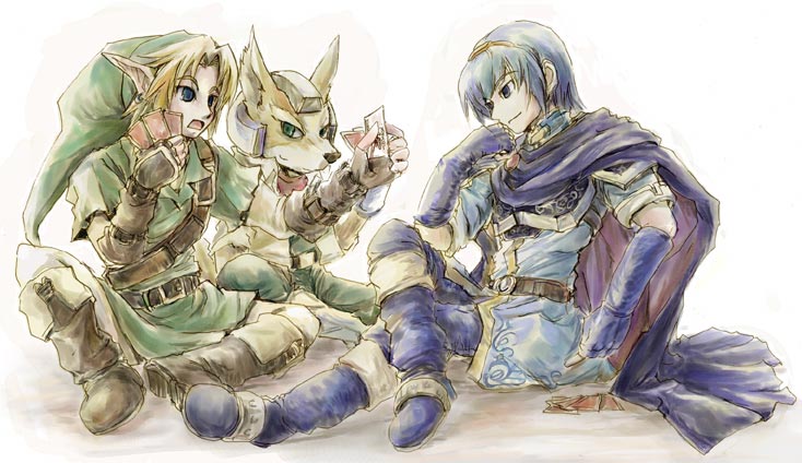 blue_eyes blue_hair cape card cards fire_emblem fire_emblem:_mystery_of_the_emblem fire_emblem_mystery_of_the_emblem fox_mccloud furry gloves green_eyes holding holding_card link lying_card marth nintendo playing_games pointy_ears sitting smile star_fox starfox super_smash_bros. the_legend_of_zelda tiara
