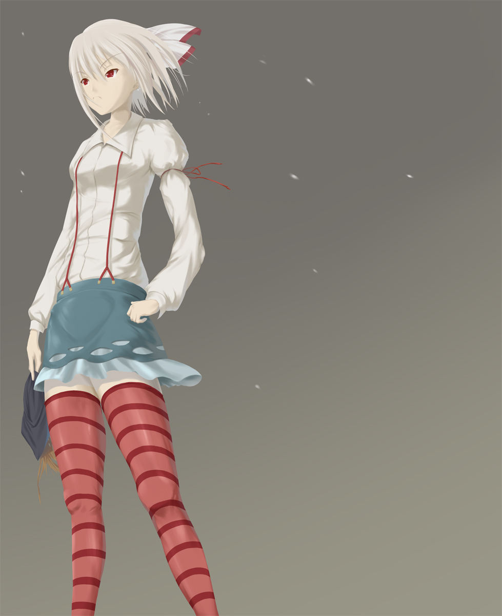 bad_id casual fujiwara_no_mokou highres mafu red_eyes short_hair skirt suspenders thigh-highs thighhighs touhou white_hair zettai_ryouiki