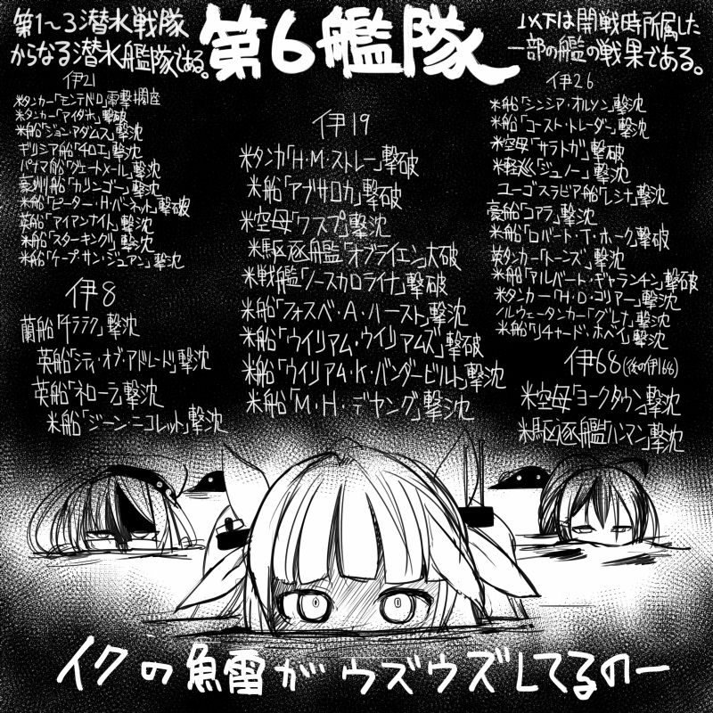 comic commentary_request glasses greyscale hair_ribbon hat i-168_(kantai_collection) i-19_(kantai_collection) i-8_(kantai_collection) kantai_collection monochrome multiple_girls partially_submerged ponytail ribbon sakazaki_freddy translation_request twintails