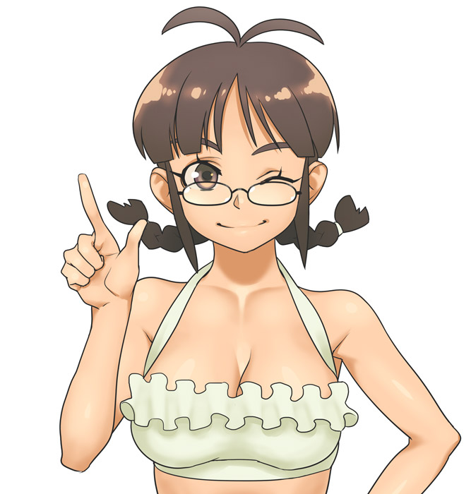 antenna_hair bad_id braid breasts brown_eyes brown_hair bust cleavage glasses hamanasu idolmaster pointing pointing_up simple_background smile solo twin_braids wink