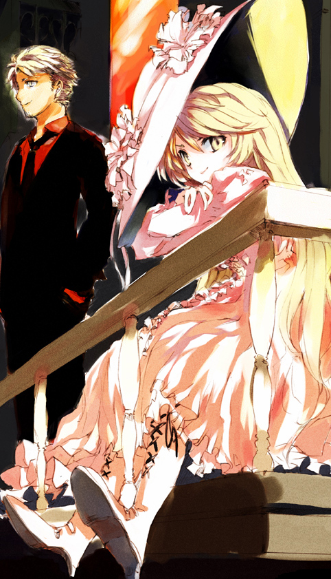 blonde_hair boots cross-laced_footwear crossed_arms dress frills hand_in_pocket hat lace-up_boots lace_up_boots lowres mo necktie okome open_collar pink railing shunsei_(muratou) yellow_eyes