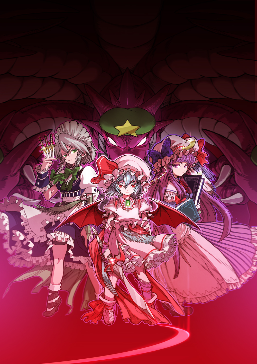 book cover cover_page doujin_cover dragon dress ex-meiling hat highres hong_meiling hydra izayoi_sakuya kimimaru knife patchouli_knowledge remilia_scarlet sword touhou weapon wings
